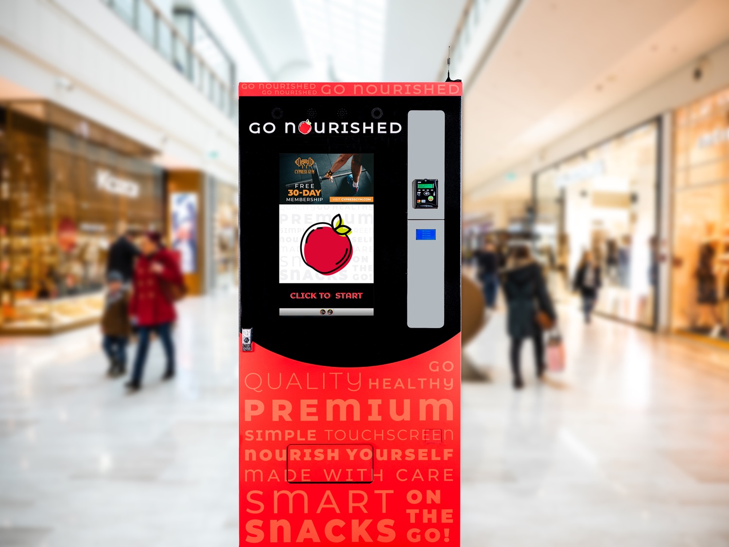 Go Nourished touchscreen combo vending machine in a shopping centre